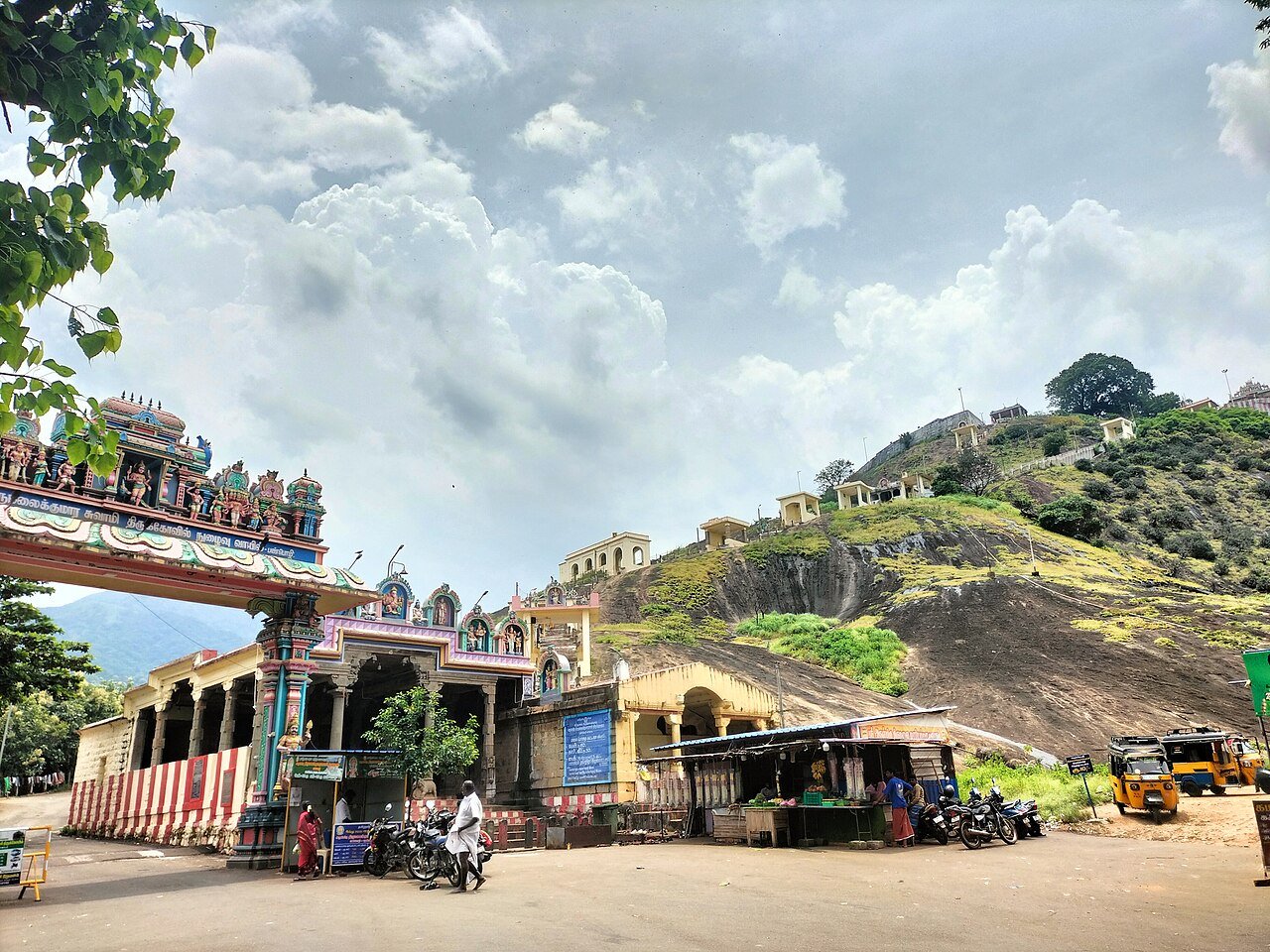 Thirumalai Kumaraswamy Temple at Panpozhi with its hill behind it, Tamil Nadu