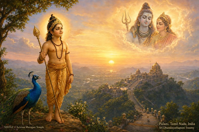 Devotional illustration of the young Dhandayuthapani Swamy holding a staff on the Palani hill with a peacock, the hill temple and Shiva and Parvati in the sunrise sky